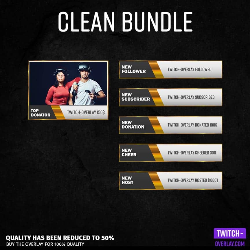 Preview Image für das Clean Streaming Bundle which includes Facecam, Screens, Panels and Overlay Farbe Gold.
