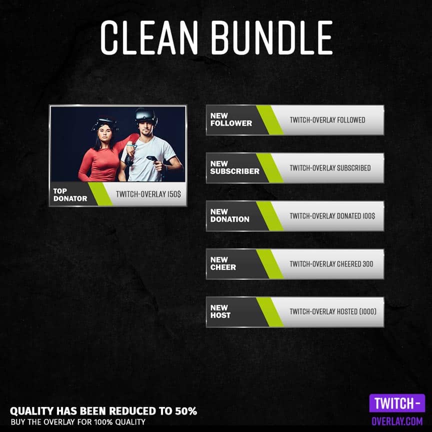 Preview Image für das Clean Streaming Bundle which includes Facecam, Screens, Panels and Overlay Farbe Grün.