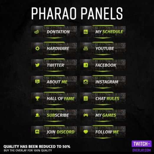 Pharaoh streaming panels für Twitch preview image mit allen panels in der Farbe Hell-Grün