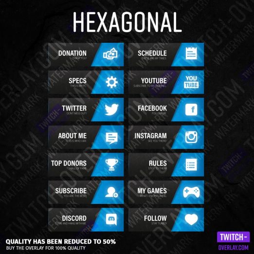 Hexagonal twitch panels for streaming preview image with all panels in the color blue