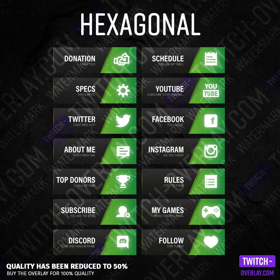 Hexagonal twitch panels for streaming preview image with all panels in the color green
