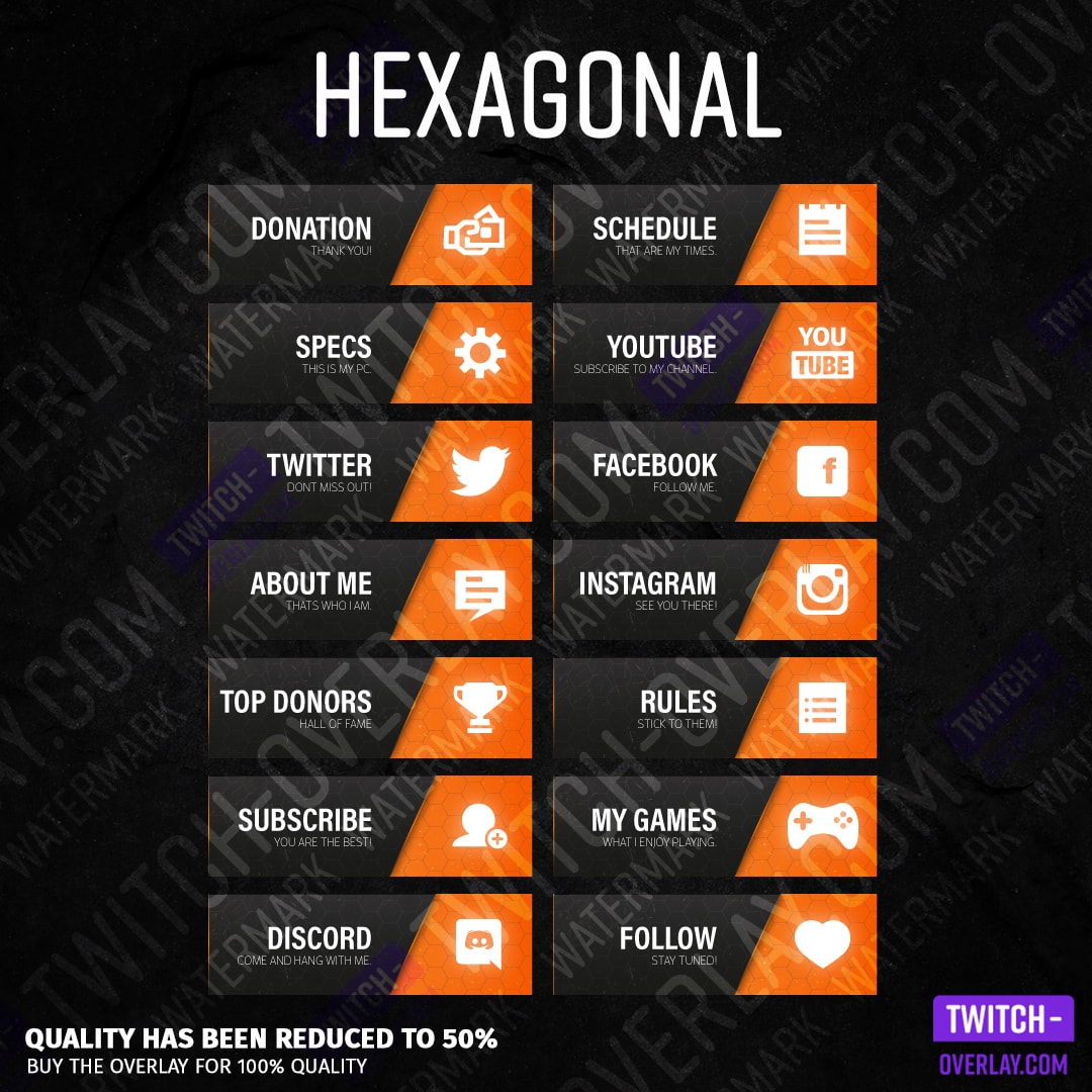 Hexagonal twitch panels for streaming preview image with all panels in the color orange