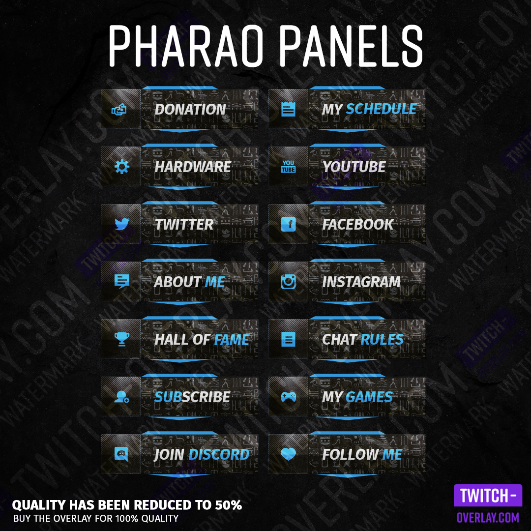 Pharaoh streaming panels for Twitch preview image with all panels in the color blue