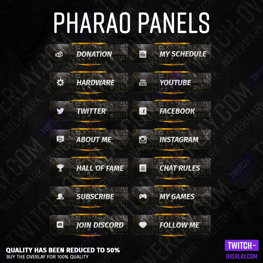 Pharaoh streaming panels for Twitch preview image with all panels in the color gold