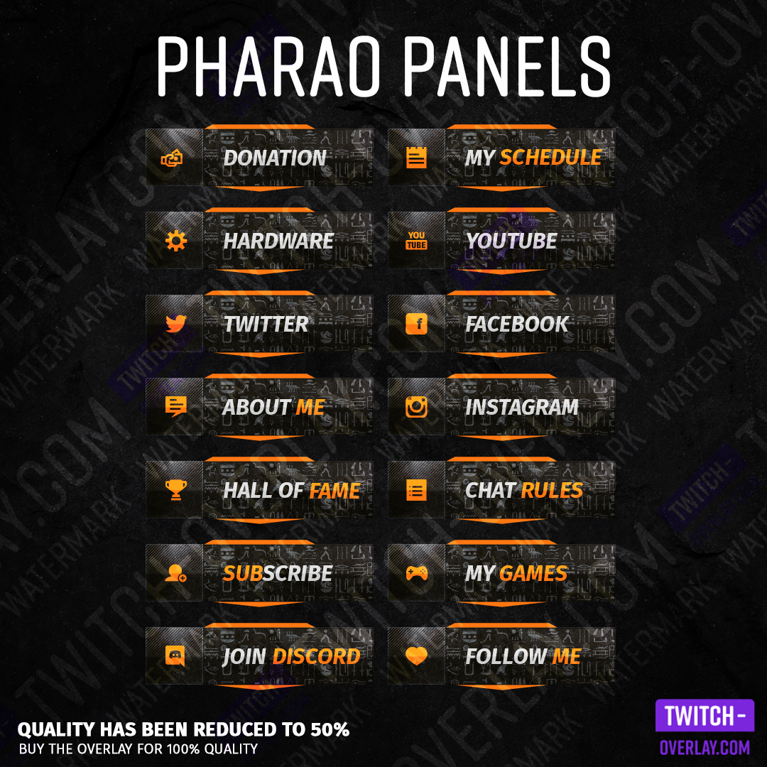 Pharaoh streaming panels for Twitch preview image with all panels in the color orange