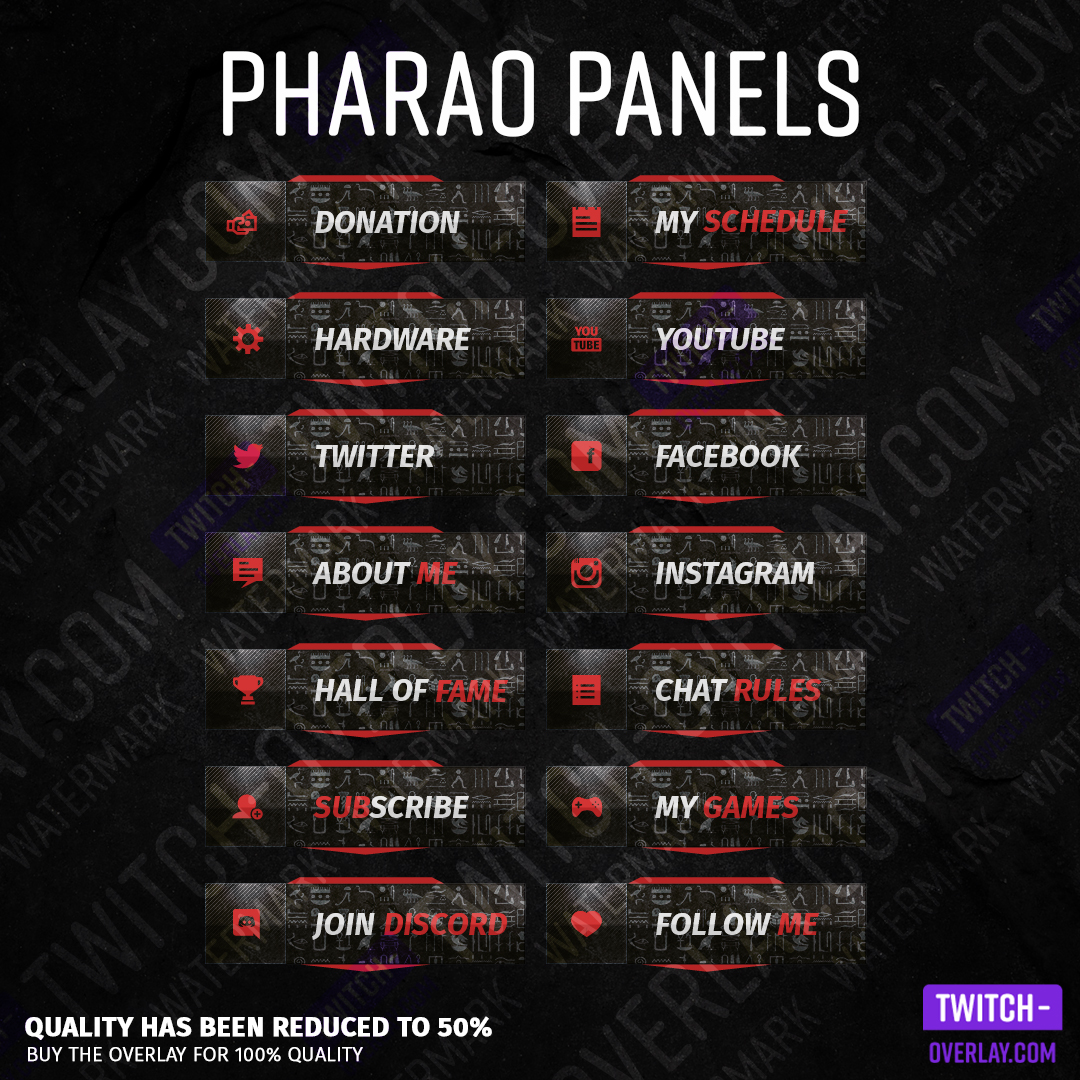 Pharaoh streaming panels for Twitch preview image with all panels in the color red