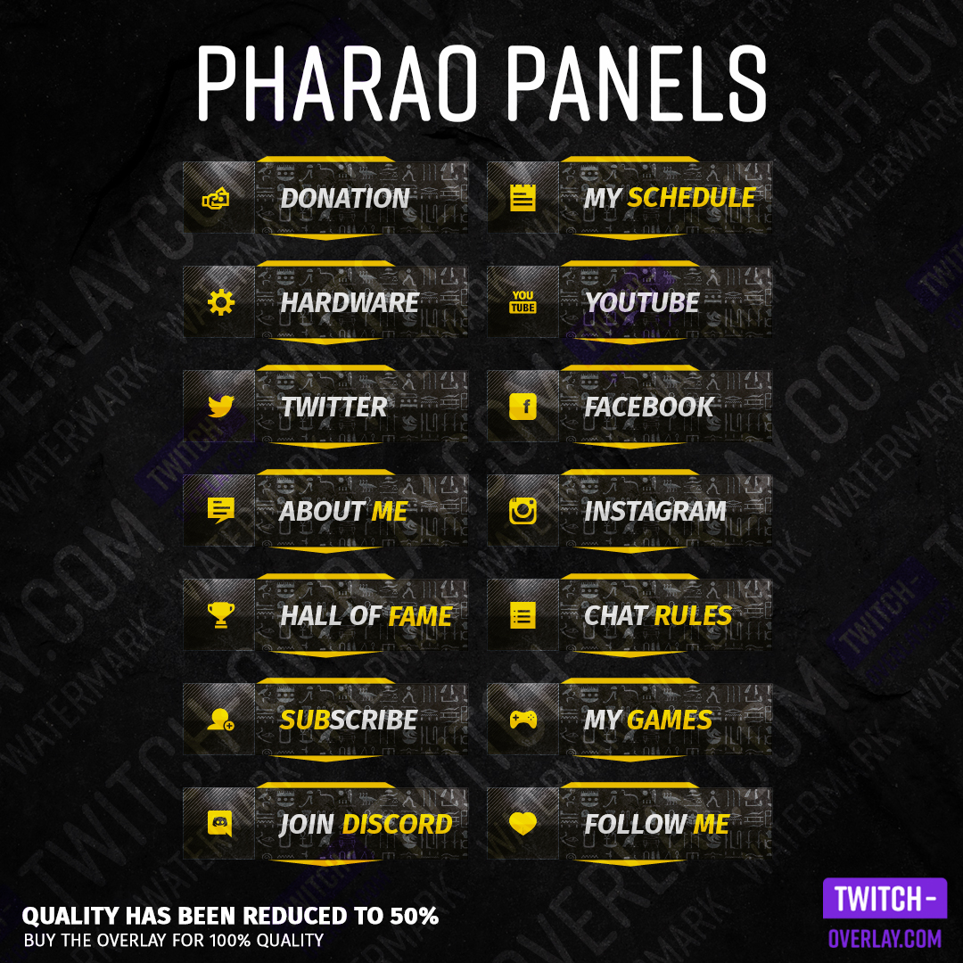 Pharaoh streaming panels for Twitch preview image with all panels in the color yellow