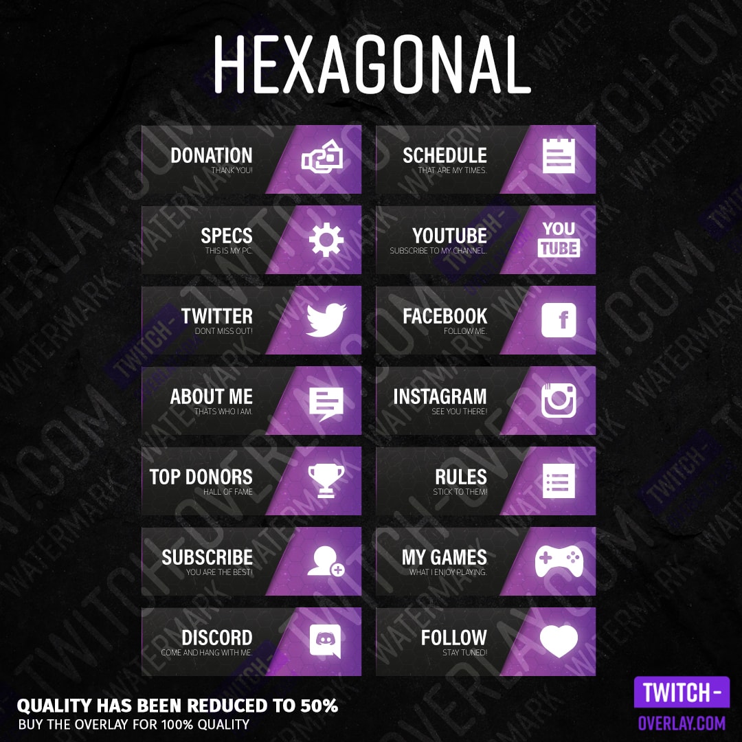 Hexagonal twitch panels for streaming preview image with all panels in the color purple