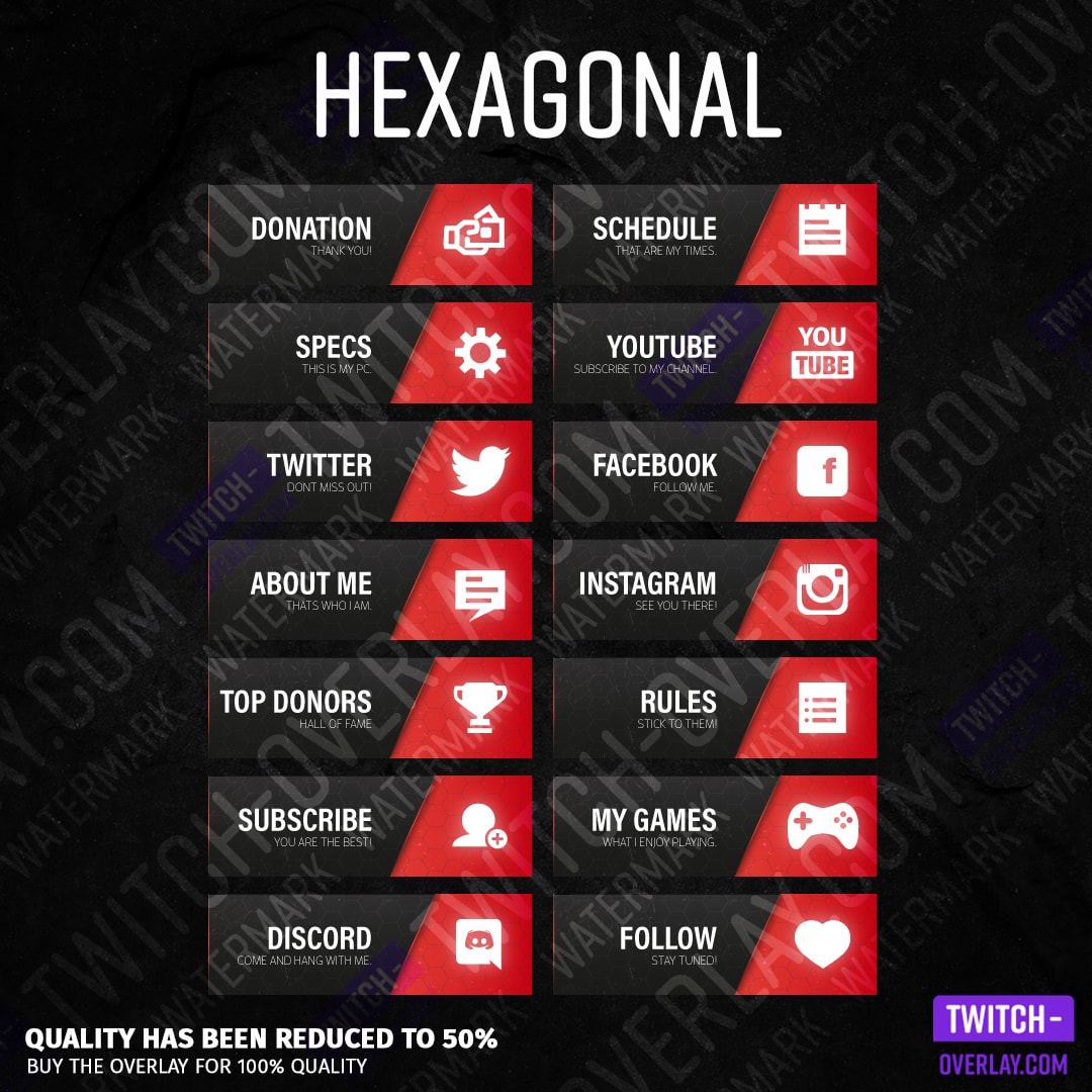 Hexagonal twitch panels for streaming preview image with all panels in the color red
