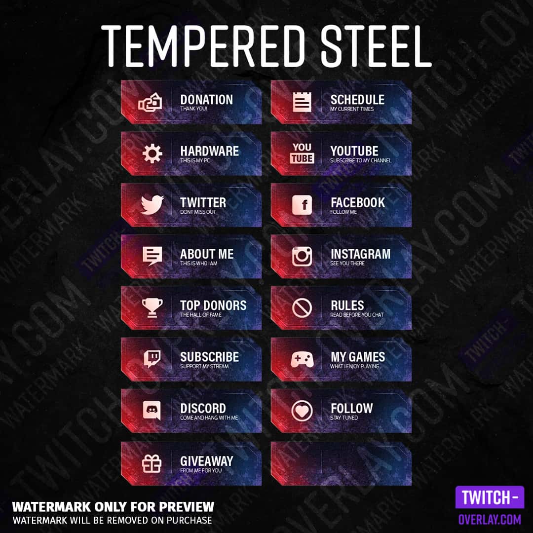 Twitch panels "Tempered Steel" für Twitch Streams in der Farbe Rot