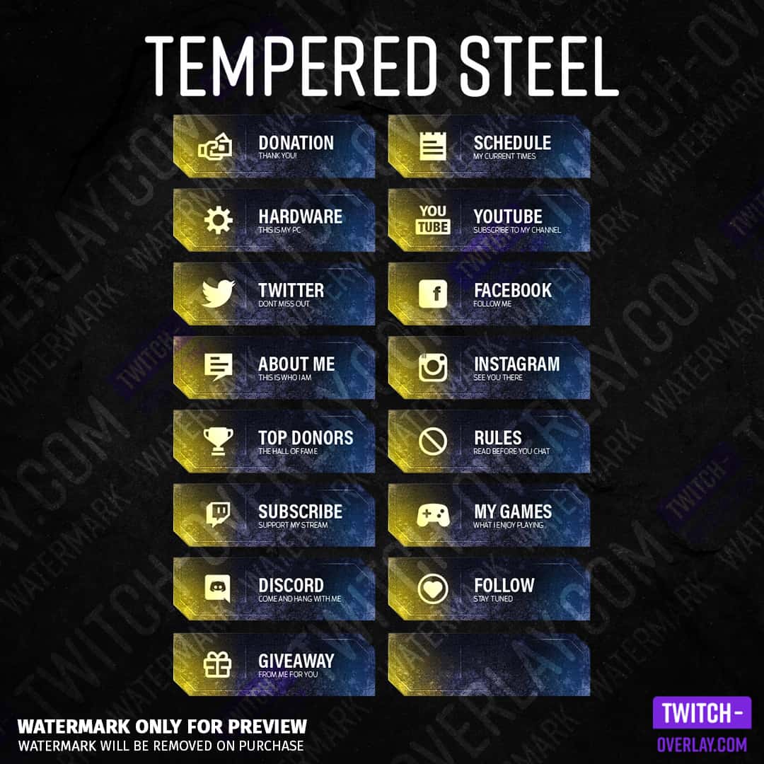 Twitch panels Tempered Steel for Twitch stream sin the color yellow