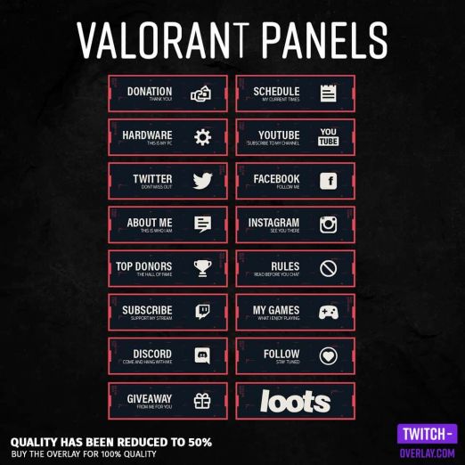Valorant Twitch Panels für Twitch, preview Bild mit allen panels in der Farbe Rot