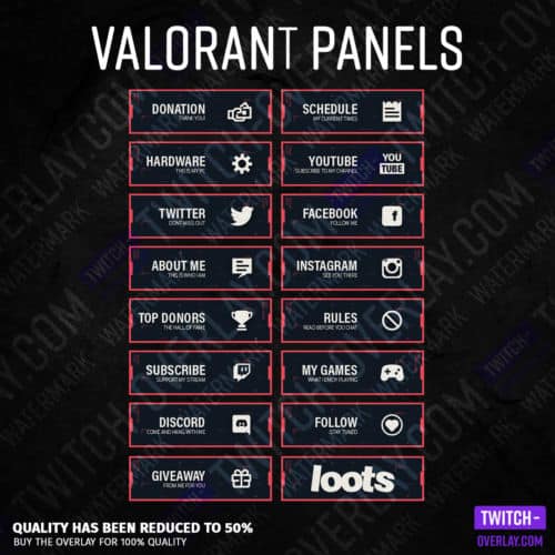 Valorant Twitch Panels for Twitch preview image with all panels in the color red in high resolution