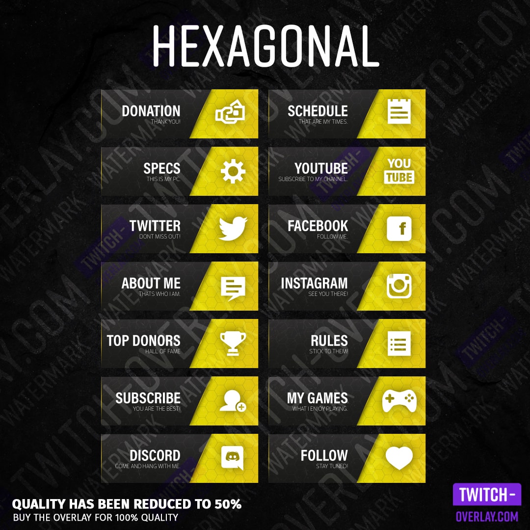 Hexagonal streaming panels for Twitch preview image with all panels in the color yellow