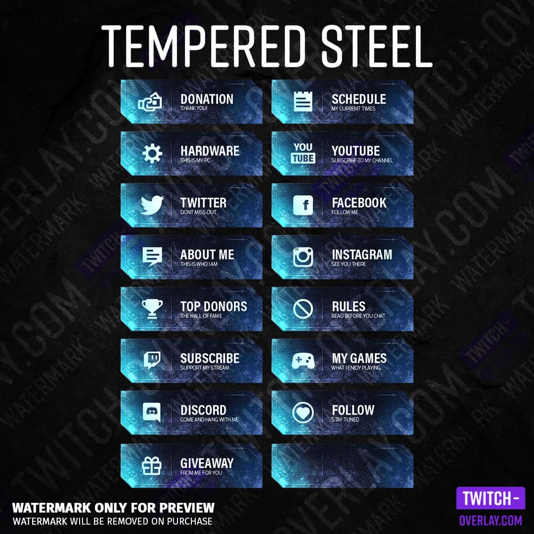 Twitch panels Tempered Steel for Twitch stream sin the color blue