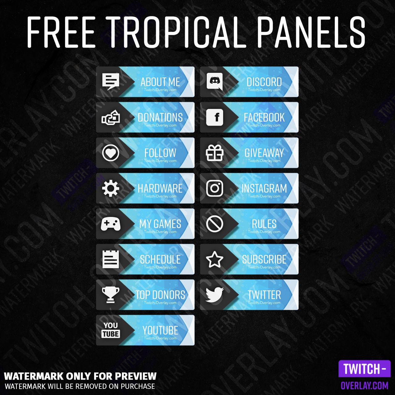 All Free Tropical-Polygon Twitch Panels in color blue