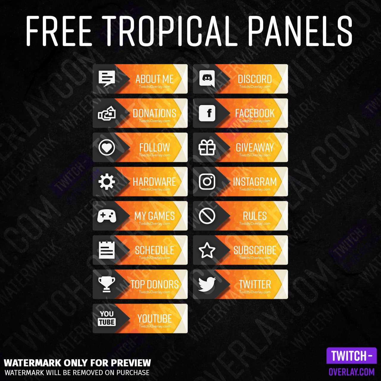 All Free Tropical-Polygon Twitch Panels in color orange