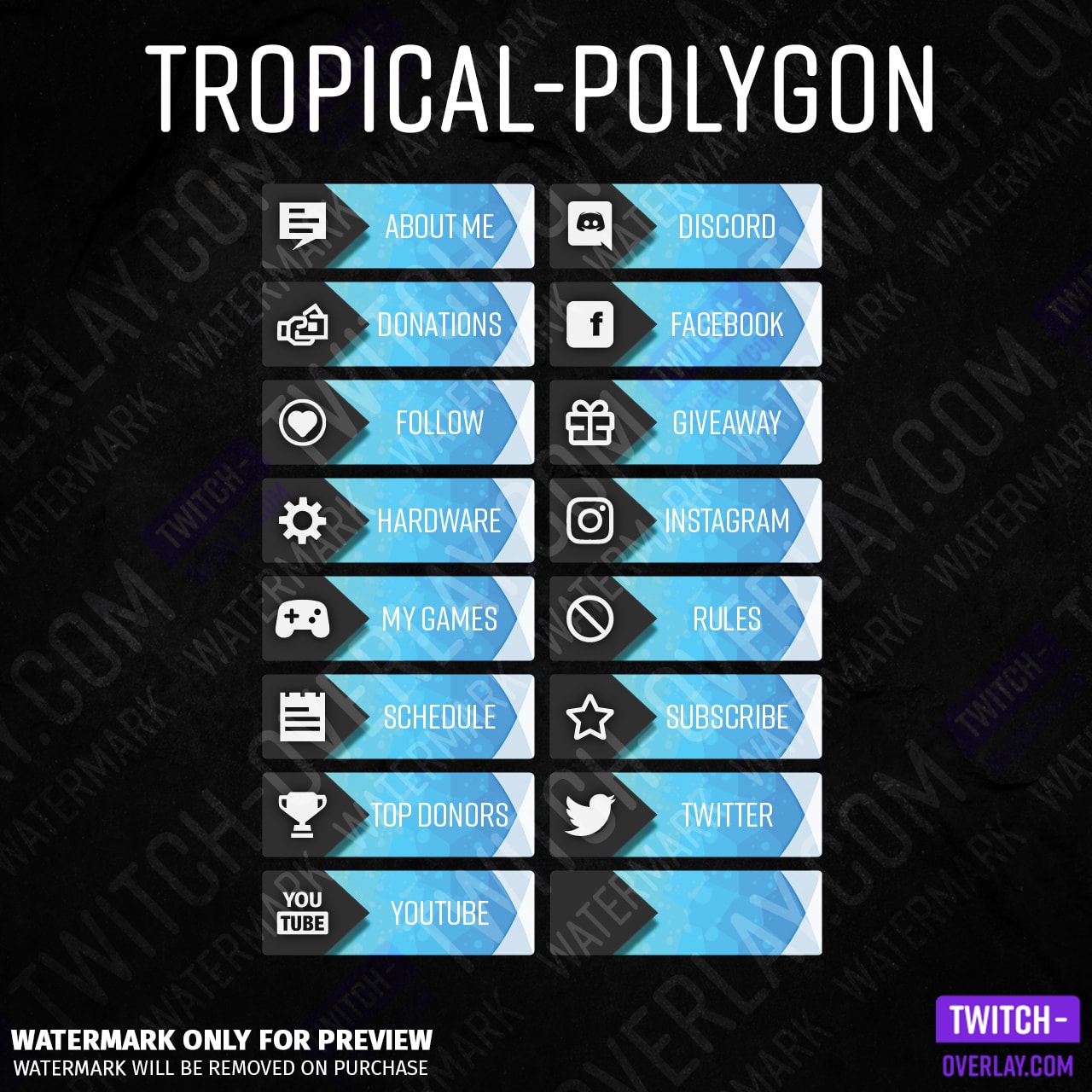 All Tropical-Polygon Twitch Panels in color Icy Blue