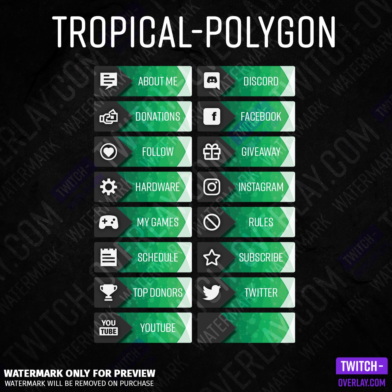All Tropical-Polygon Twitch Panels in color Smaragd