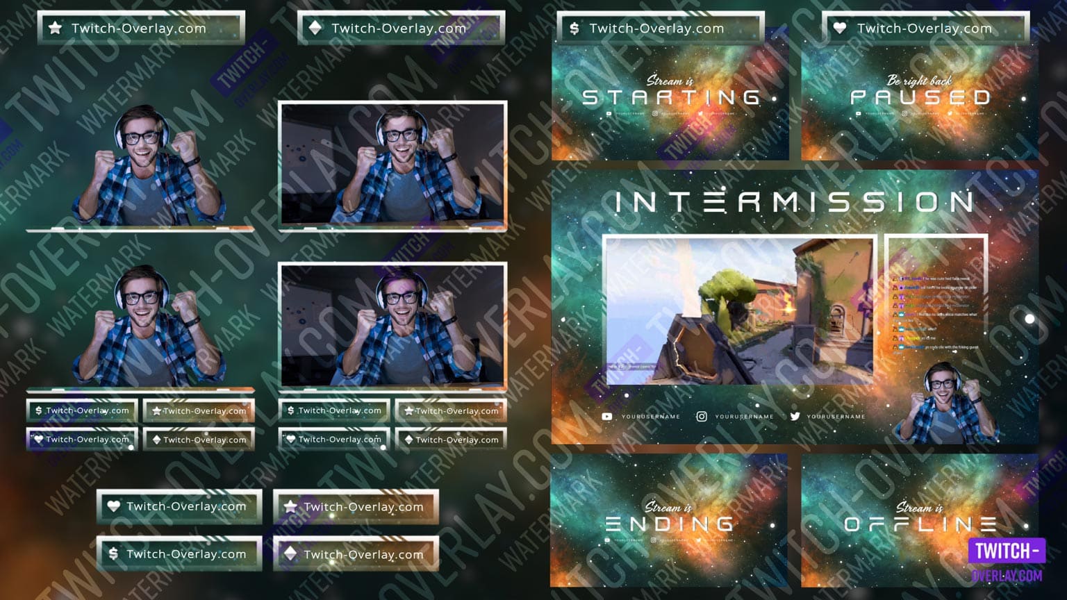 All Overlay and Screen files included in the Nebula Galaxy Stream Bundle for Twitch, Facebook and YouTube Streams