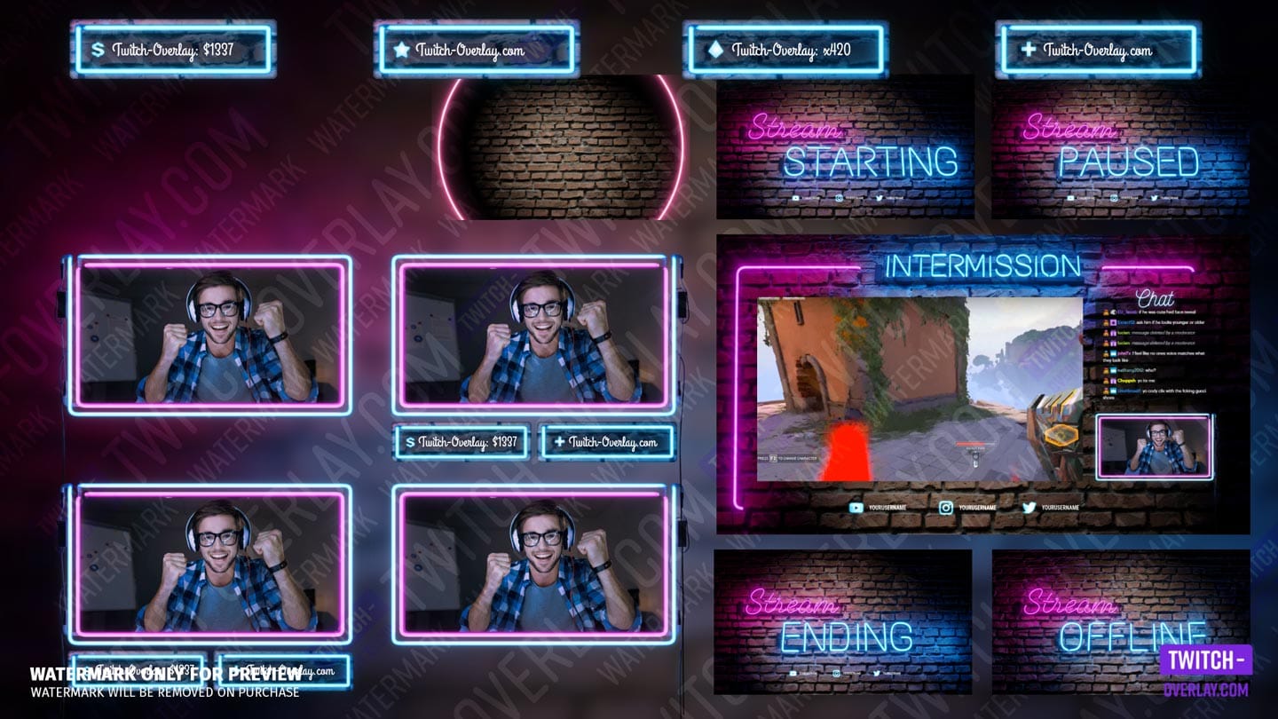 Animated Stream Overlay Pack / Neon Futuristic Style / Twitch 