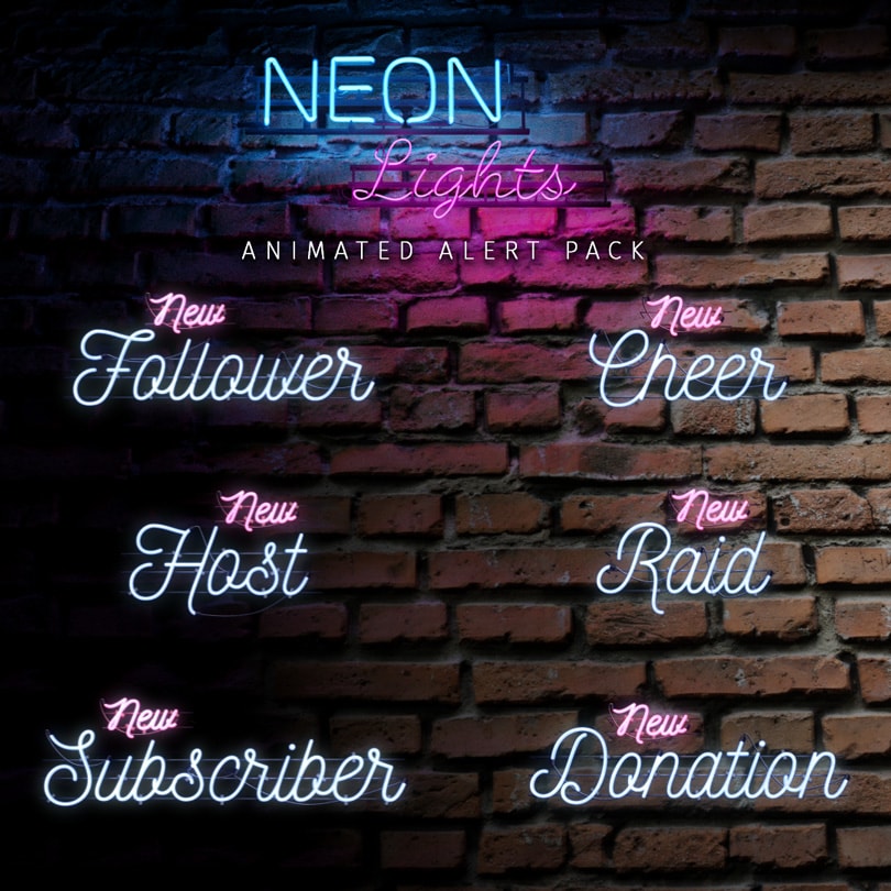 All Stream Alerts for the Neon Lights stream bundle for Twitch, YouTube and Facebook