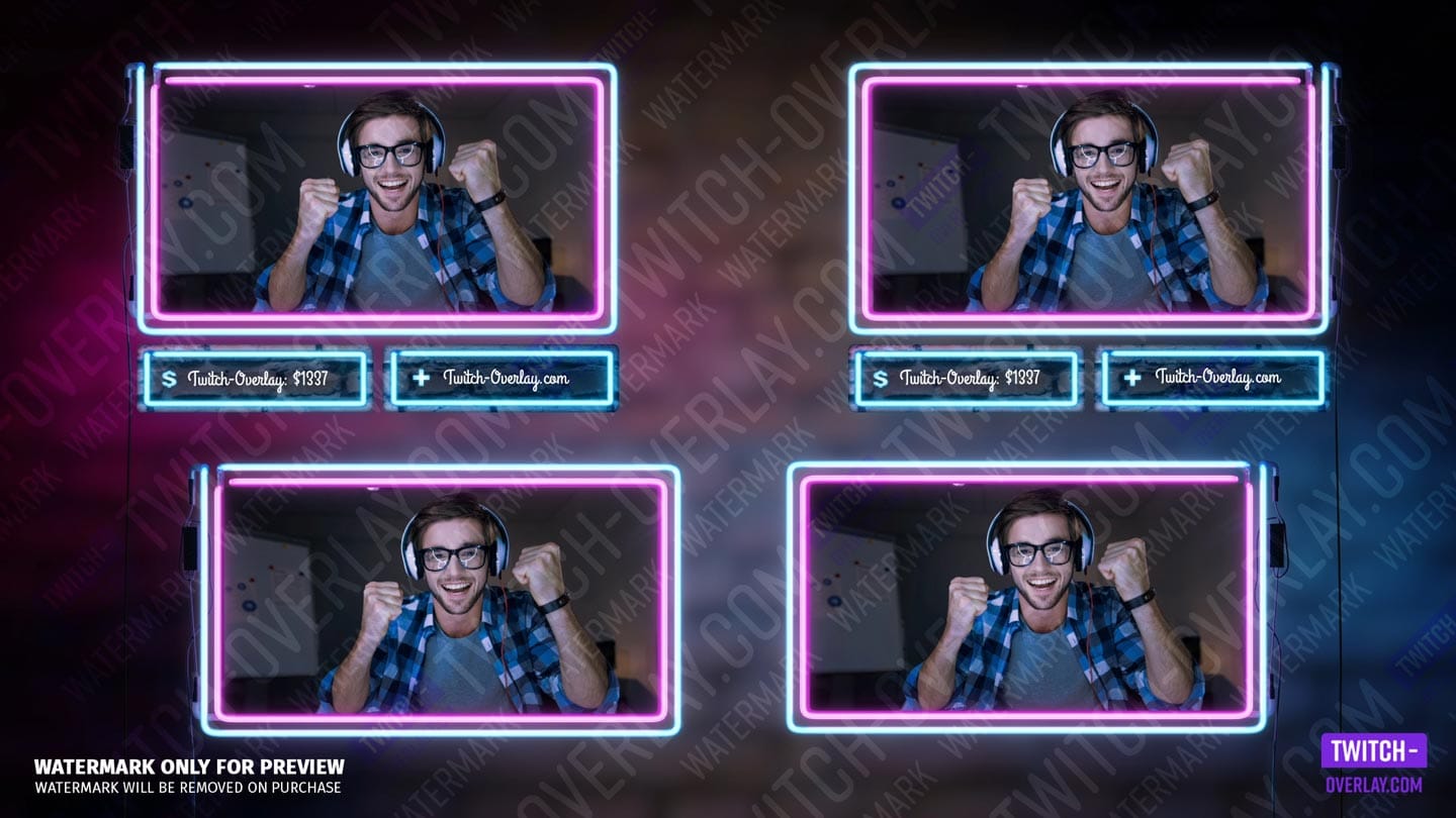 All Webcam Overlays for the Neon Lights stream bundle for Twitch, YouTube and Facebook