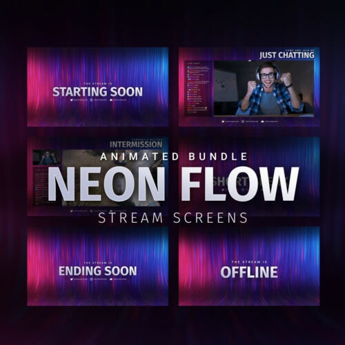 Neon Flow animiertes Stream Screen Bundle für Twitch, YouTube und Facebook
