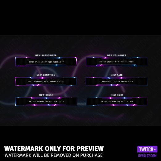 Neon wave Twitch Overlay Template Bundle preview of the stream alerts