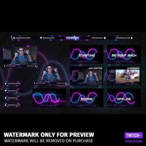 Neon wave Twitch Overlay Template Bundle preview of the bundle contents