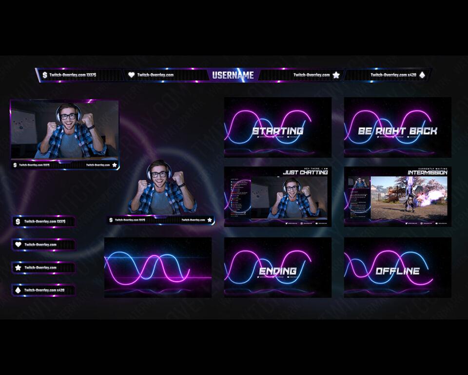 Animiertes Neon Wave Twitch Overlay Template Bundle