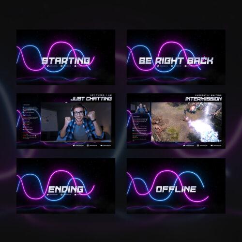 Neon Wave Twitch Overlay Template Bundle preview of the stream screens
