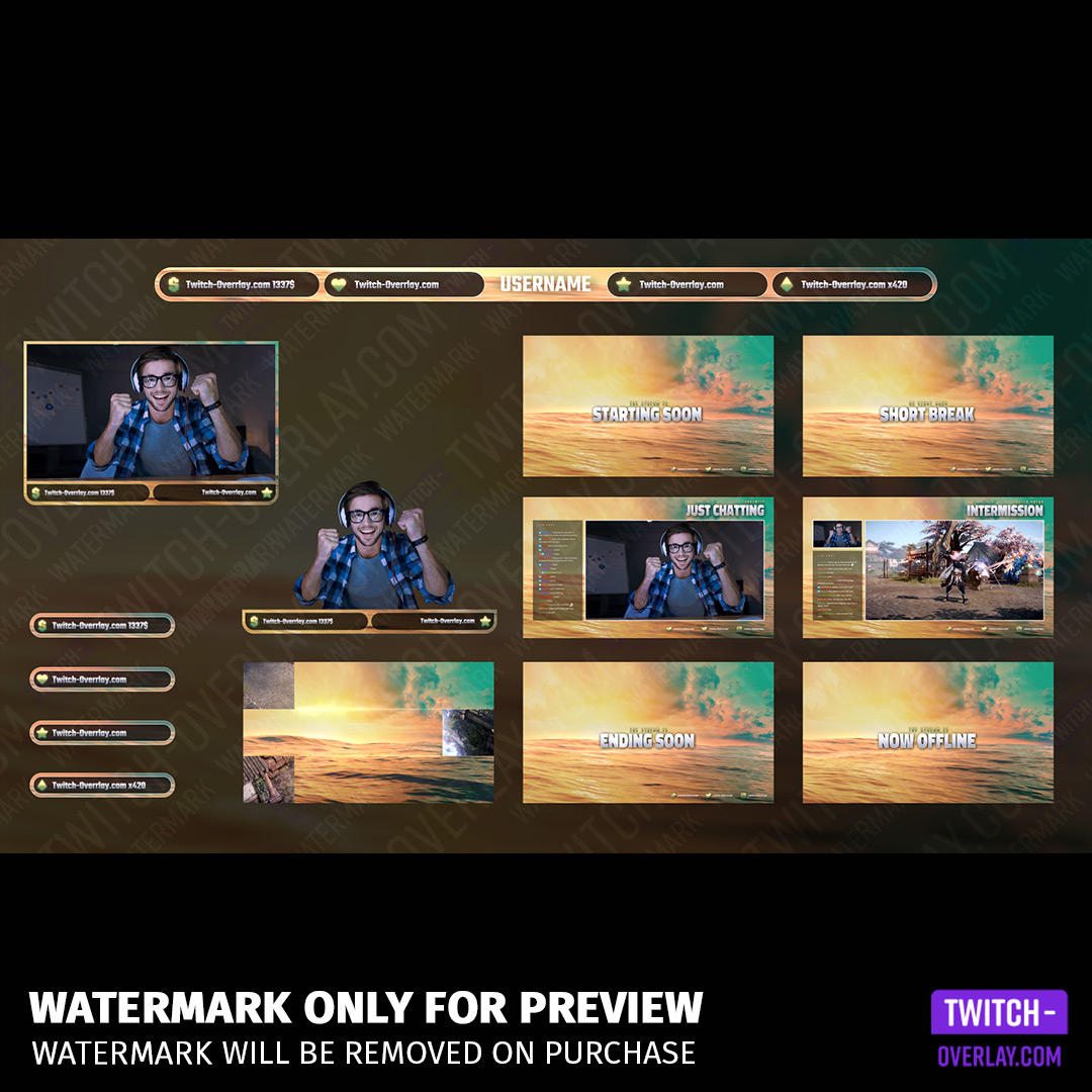 Ocean Sunset Twitch Stream Template Bundle preview of the bundle contents
