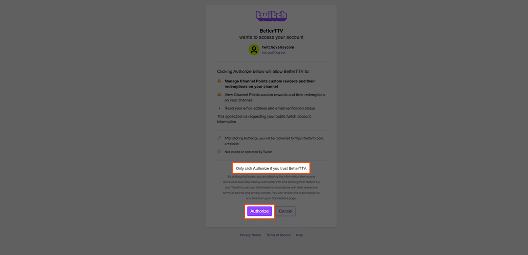 An image of the Twitch authorization screen for BetterTTV, showing the option to authorize BetterTTV to access your Twitch account and enable additional chat features.