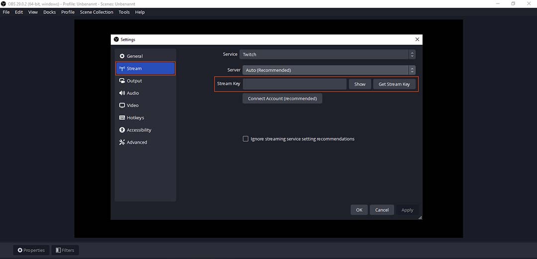 An image of the OBS Studio settings menu, highlighting the option to enter your Twitch stream key