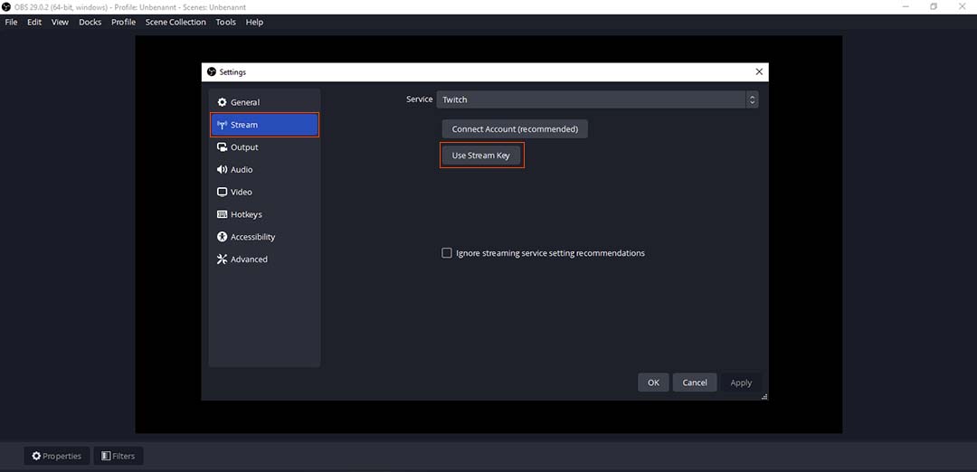 n image of the OBS Studio settings menu, featuring the 'Use Stream Key' button