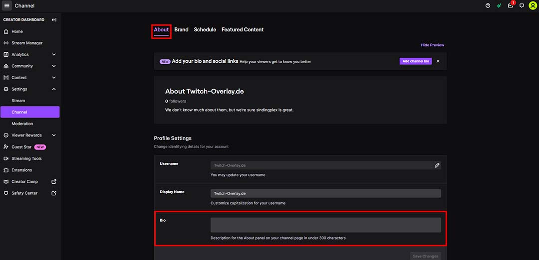 A picture of the Twitch profile editing page, showing the section for adding a bio to your channel.