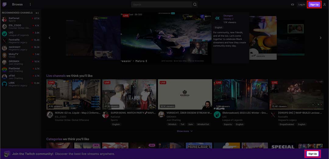An image of the Twitch homepage, highlighting the 'Sign Up' button in the top right and bottom right corners, inviting users to create a new account and join the Twitch community.