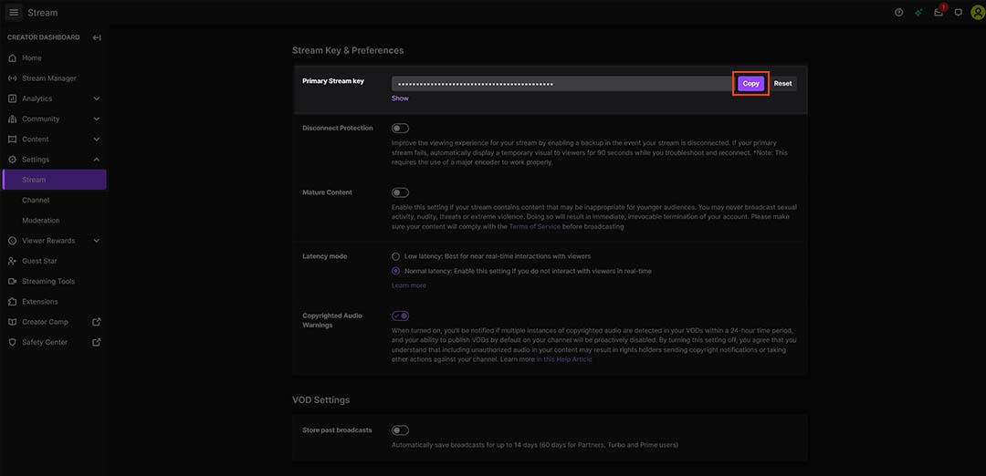 Kopiere deinen Twitch-Stream-Schlüssel aus deinen Kontoeinstellungen