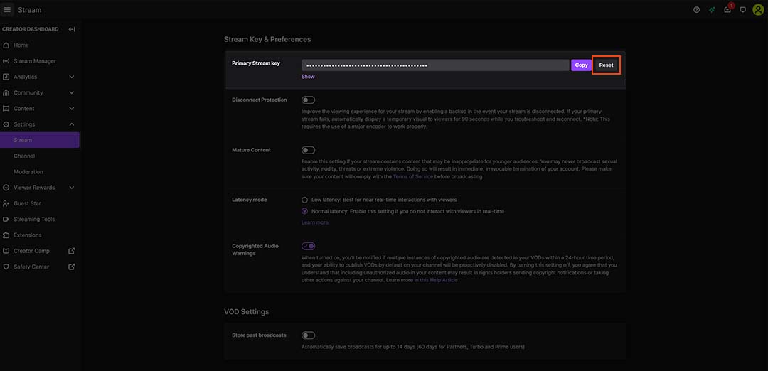 Steps for resetting your Twitch Stream Key, including accessing your Twitch dashboard and generating a new key