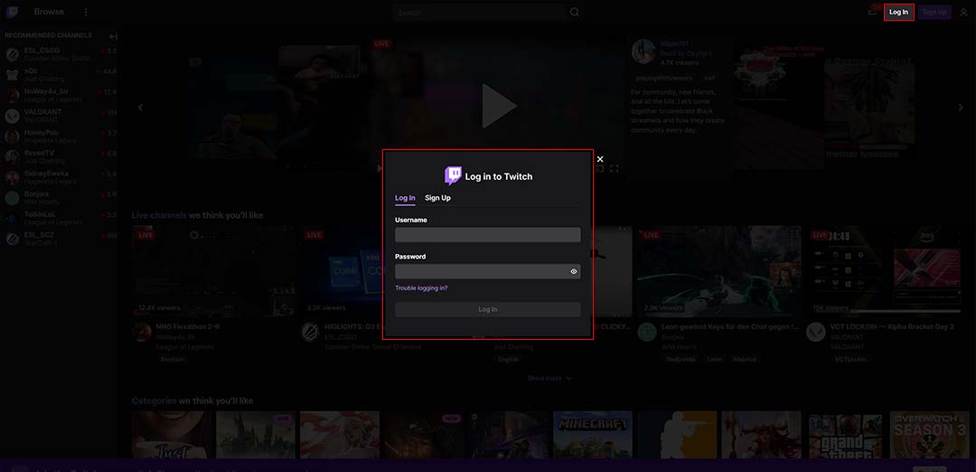 The first step of logging into your Twitch account, entering your username and password on the login page.