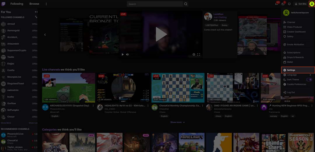 An illustration of the Twitch dashboard, highlighting the 'Settings' tab where you can access the stream settings menu for your channel