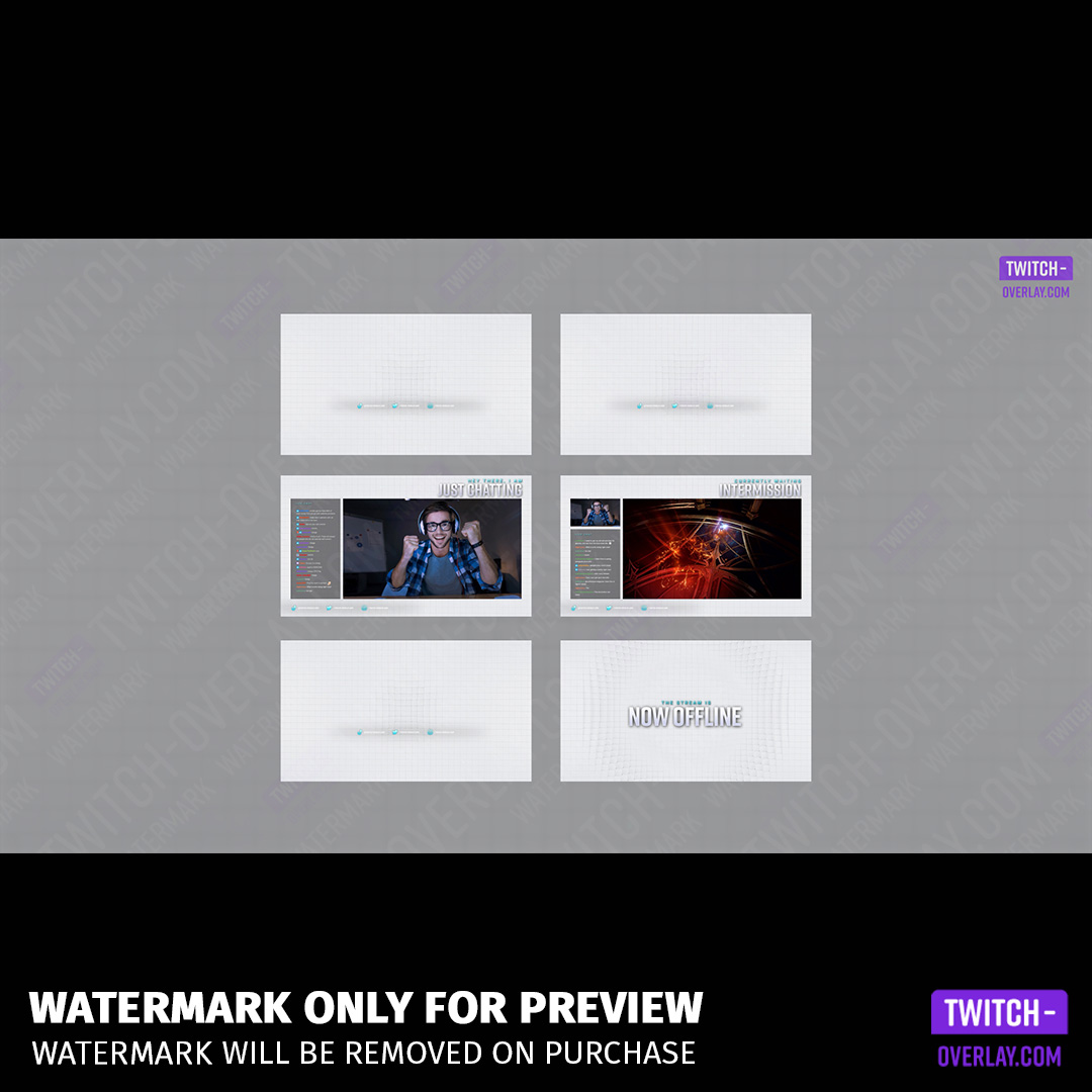 Cubic Wave twitch overlay Package. showing all Stream Screens included.