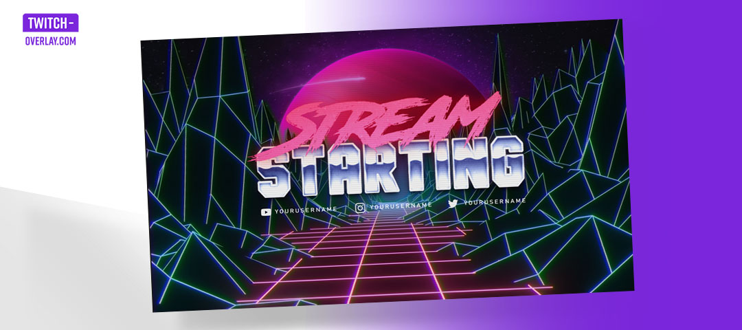 A 'starting soon' screen with a synthwave-inspired design, featuring 80s style text indicating the start of the stream.