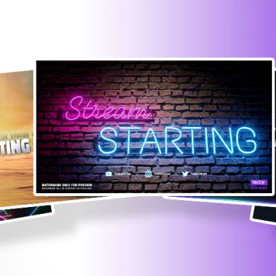 An image of a collection of five starting soon screens, featuring different custom designs and graphics for Twitch streamers to use before their streams begin.
