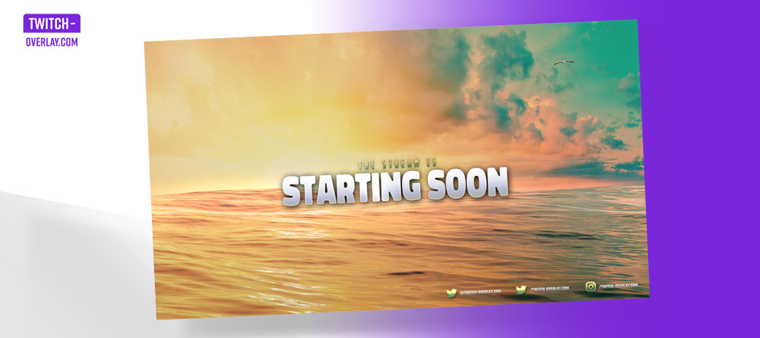A Twitch 'starting soon' screen featuring a scenic sunset background and a message indicating that the live stream is about to start.