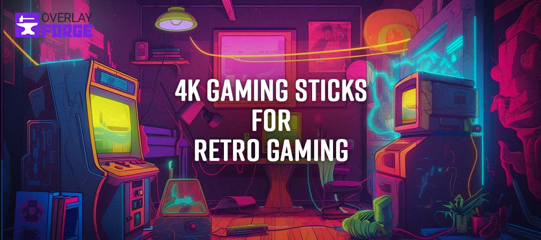 A room filled with retro gaming consoles and arcade equipment with vibrant colors and an illustrated look.