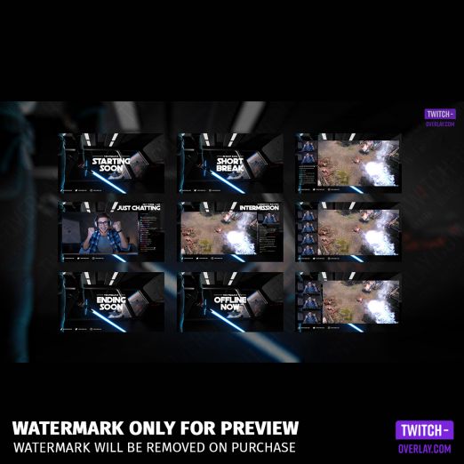 War in Space twitch overlay Package. showing all Stream Screens included.
