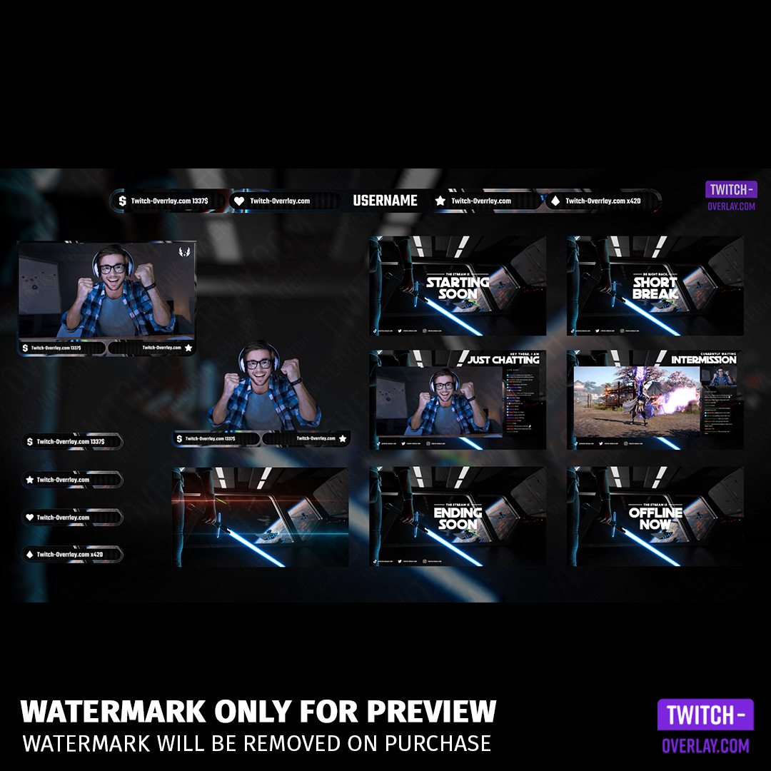 War in Space twitch overlay Package. showing all parts contained in the bundle
