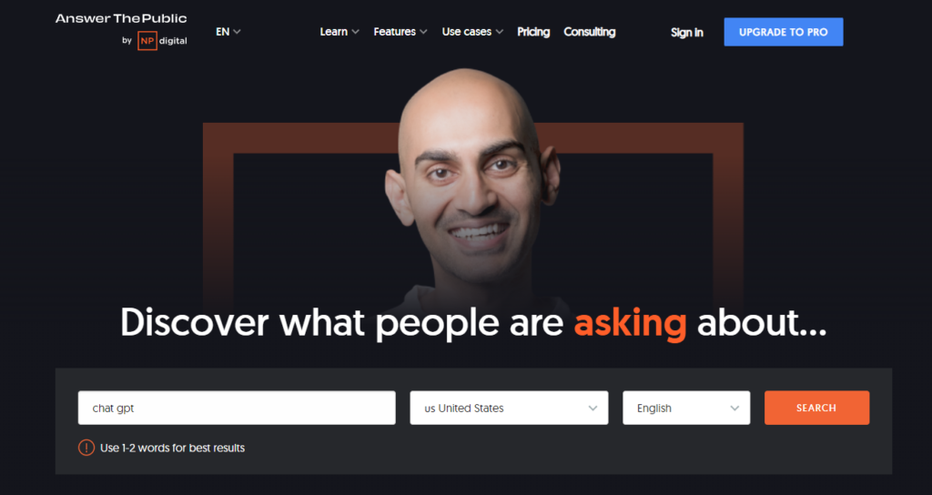 Header of Answer the public website.